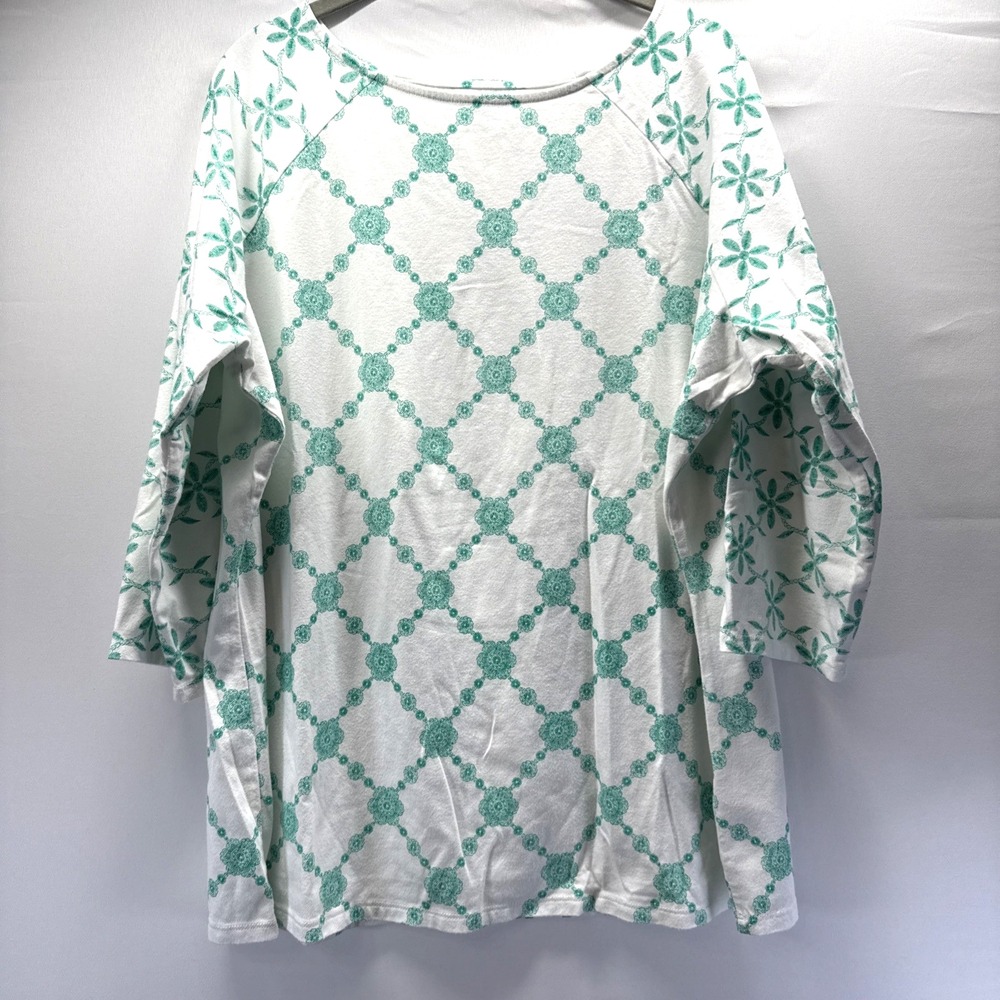 Denim & Co Womens Top Size 1X Plus Green White 3/4 Sleeve Geometric Knit Blouse